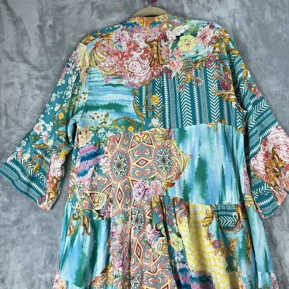 Women Dress  Large Made‎ In Italy Mix Print Patch Dress Fairy Bell Sleeve - Picture 9 of 12